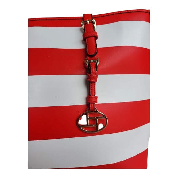 Red & White Striped Canvas Beach Tote Gold Chain Crossbody - Picture 6 of 12